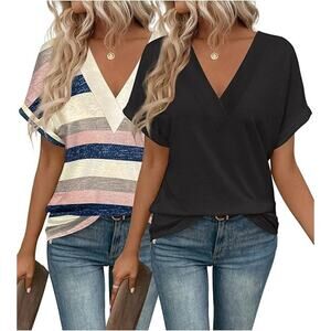 Eymuse 2PCS T Shirts 2XL Short Sleeve V Neck T-shirt Womens Fashion Tops Striped